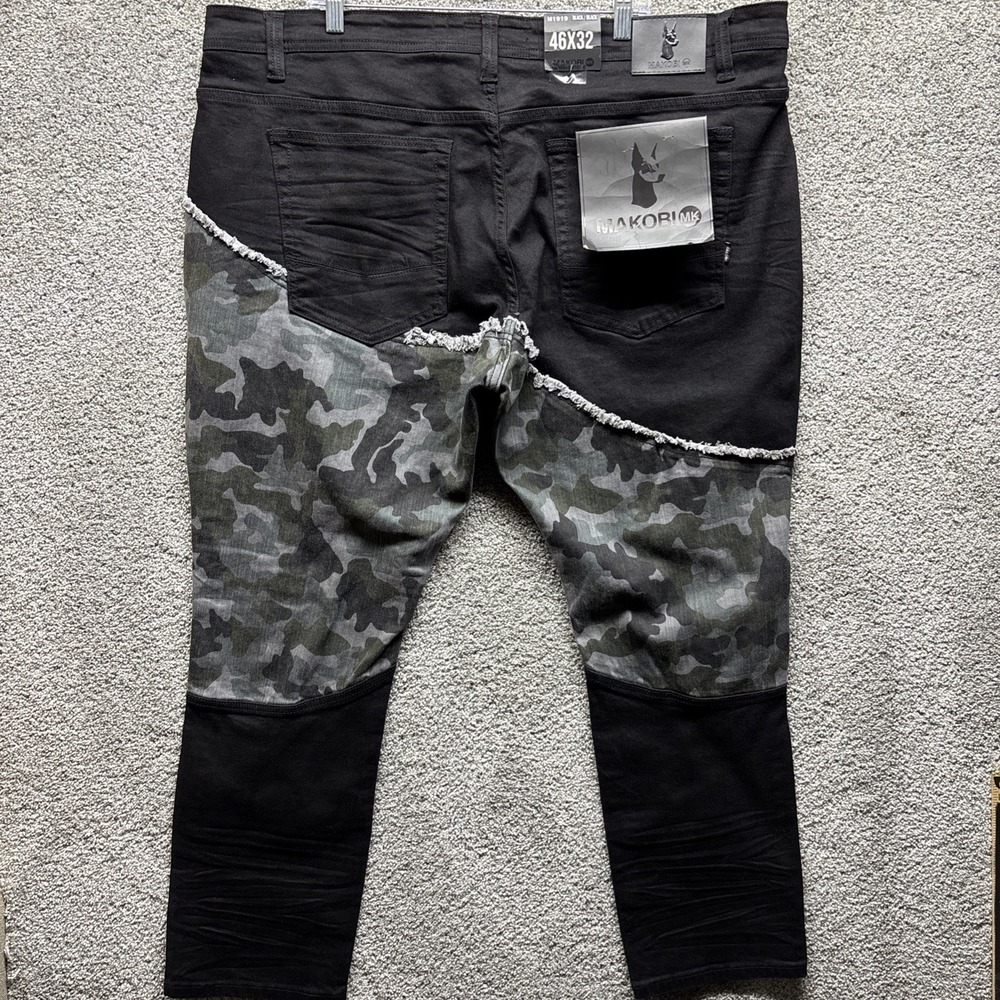 Makobi M1919 Black Camo Stitch Distressed Denim Jeans Mens 46x32 Y2K 90s NEW NWT